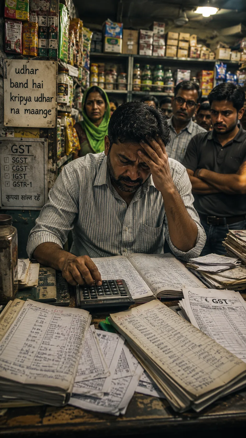 Stressed Indian shopkeeper drowning in manual billing