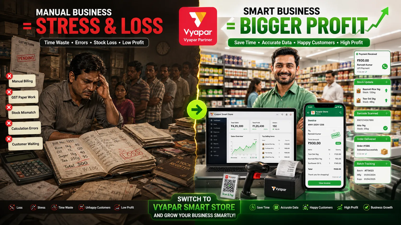 Vyapar Smart Store — Manual = Loss · Smart = Profit